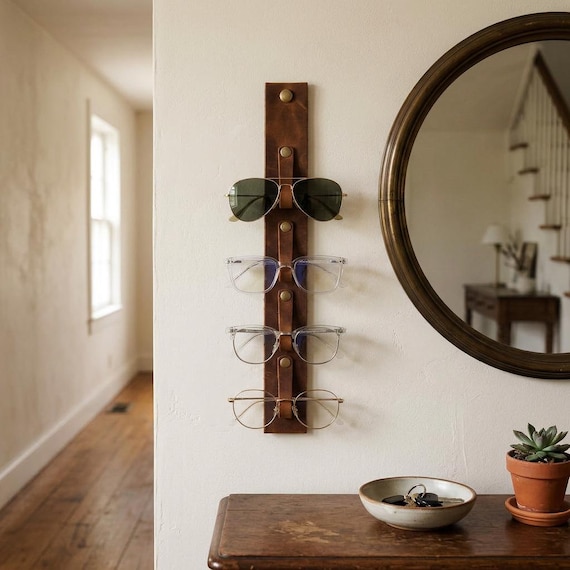 Leather Eyeglass Holder Wall Mount, Sunglasses Organizer Rack, Glasses Storage for Entryway, Minimalist Home Decor