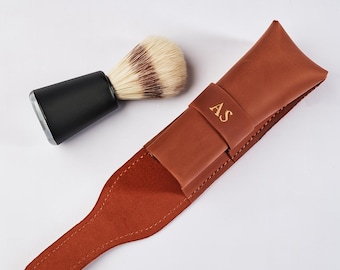 Leather shaving brush case, Personalized shave brush holder, Custom travel brush case, Wet shaving brush protector, Leather grooming pouch