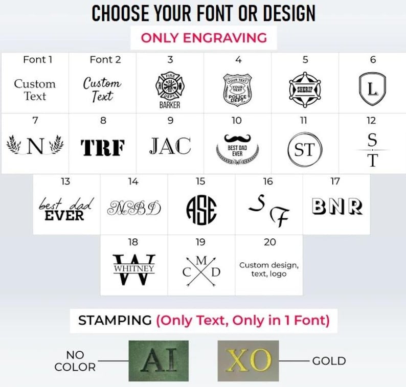 May include: A chart showing 20 different font and design options for engraving or stamping on a product. The options include custom text, initials, logos, and pre-designed graphics. The chart also shows two stamping color options: gold and green.