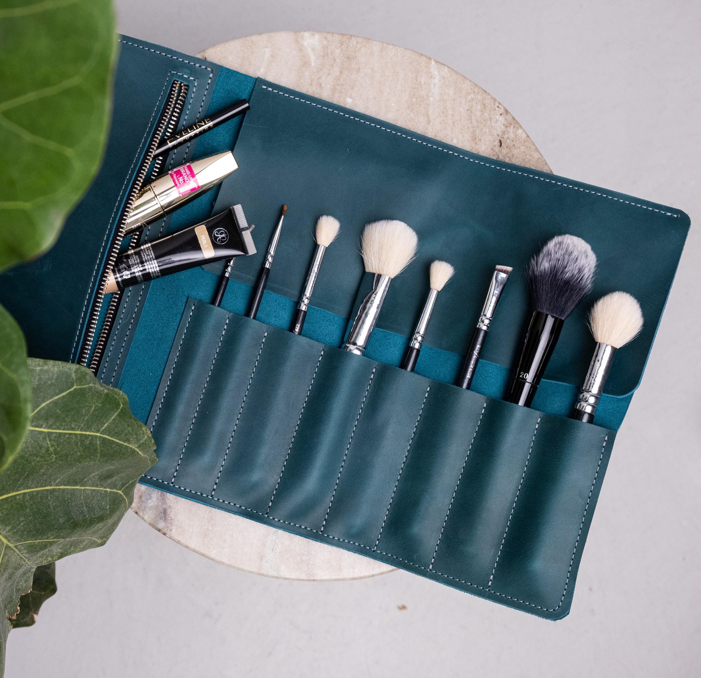 Leather brush case, Makeup brush roll up, Roll up case, Makeup travel brushes, Engraved makeup brush case, Brush holders and organizers