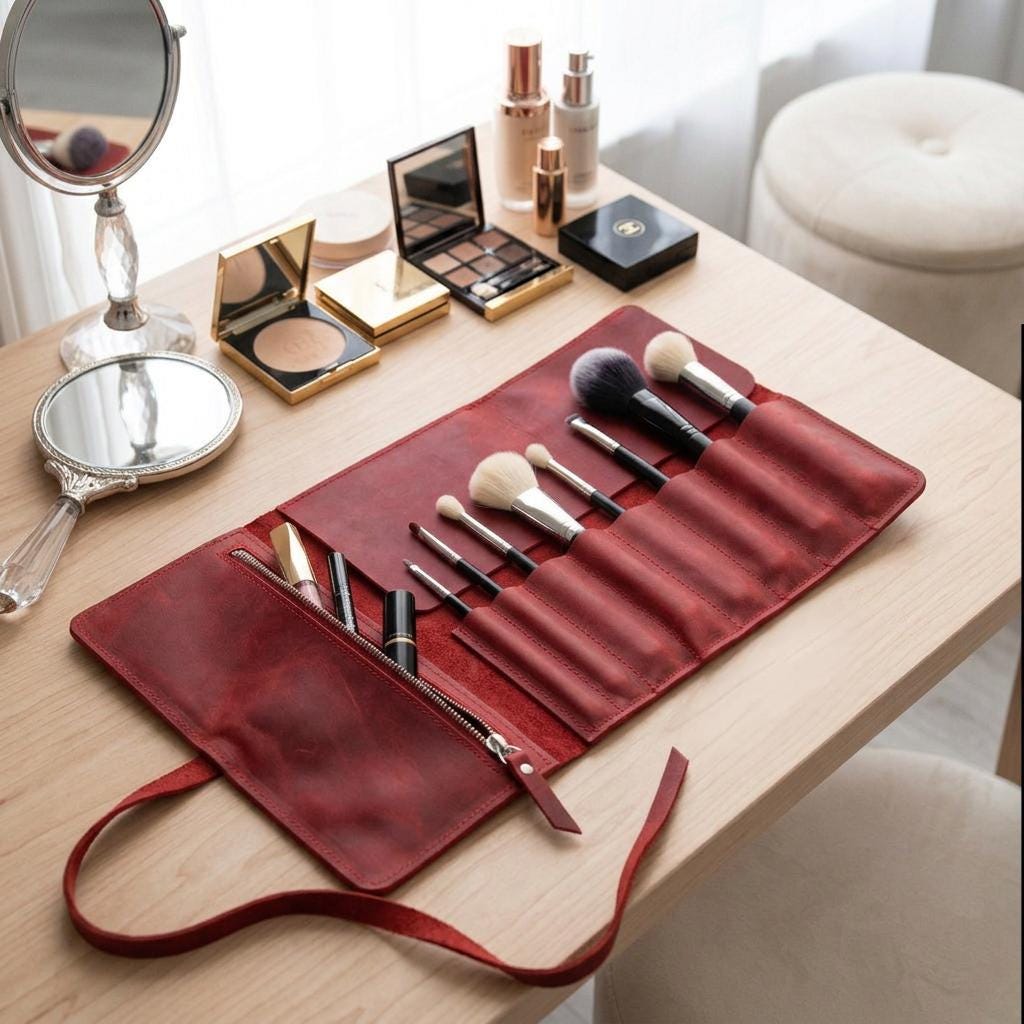Leather Makeup Brush Roll Case, Engraved Travel Organizer