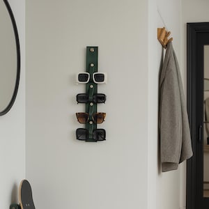 Wall-mounted eyewear rack, Handmade leather organizer for glasses, Vertical sunglasses storage display, Gift for sunglass lovers