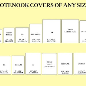 May include: A chart showing different notebook cover sizes with their measurements in inches and centimeters. The sizes include Passport, Field Notes, A6, Personal, A4, A4/US Letter Size, Sketchbook, B6, B6 Slim, A5, A5/US Half Letter Size, Regular, and Cahier.