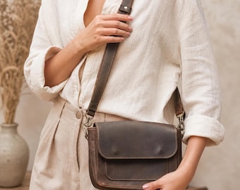 Vintage Genuine Leather Crossbody Satchel, Small Messenger Bag