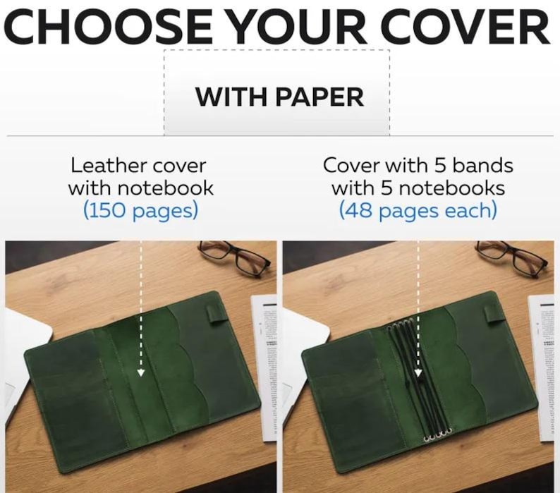 May include: Two green leather-bound notebooks with different paper options. The notebook on the left has a single notebook with 150 pages. The notebook on the right has 5 notebooks with 48 pages each.