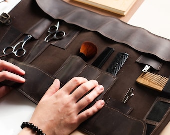 Estuche enrollable de cuero para tijeras, bolsa enrollable para tijeras de barbero, soporte de cuero para herramientas de barbero, estuche personalizado para tijeras de peluquería, estuche enrollable de cuero para herramientas de estilista de cabello.