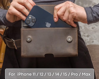 May include: A brown leather phone case with a snap closure. The case is designed to hold an iPhone. The text at the bottom of the image reads: For iPhone 11/12/13/14/15/Pro/Max.