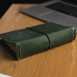 May include: A dark green leather-bound journal with a black elastic band closure and silver metal accents. The journal is closed and lying on a wooden surface.