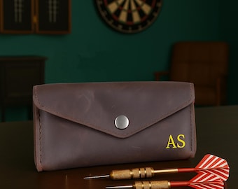 Personalized leather darts case, Leather dart wallet, Dart carrying case for steel tip darts, Custom dart sleeve, Darts set holder gift