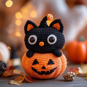 Personalized Crochet Black Cat & Pumpkin Ornament: Halloween Decor