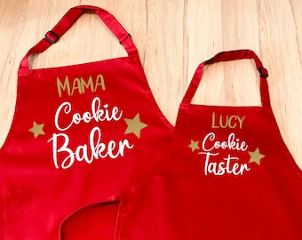 Cookie Baker/Cookie Taster Apron Set for ADULT & CHILD - Personalised with name - Mum Dad Grandparent Kids Christmas Baking Apron