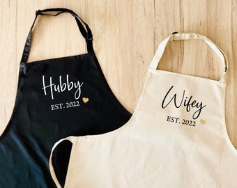 Couples Set of 2 Aprons - Hubby Wifey - Personalised 2nd Wedding Anniversary Gift -  Est year - wedding present husband wife