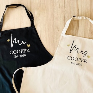 Couples Set of 2 Aprons Personalised 2nd Wedding Anniversary Gift Mr & Mrs Custom married name est year image 1