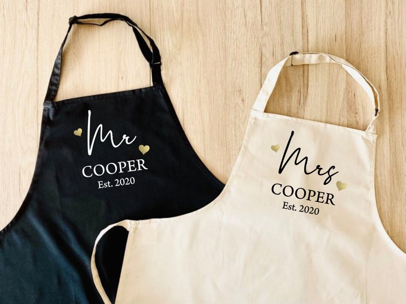 Couples Set of 2 Aprons Personalised 2nd Wedding Anniversary Gift Mr & Mrs Custom married name est year image 1