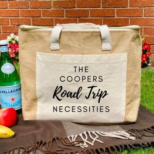 Personalised Picnic Cooler Bag, Large natural insulated bag for family road trips, adventures, days out, snacks treats, beach or park