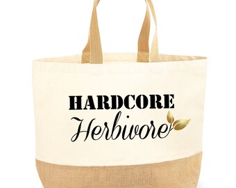 Canvas Shopper Tote Bag, Hardcore Herbivore, Vegan gift, jute canvas natural, plant based, veganuary