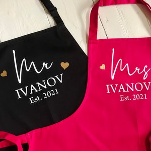 Couples Set of 2 Aprons Personalised 2nd Wedding Anniversary Gift Mr & Mrs Custom married name est year image 2