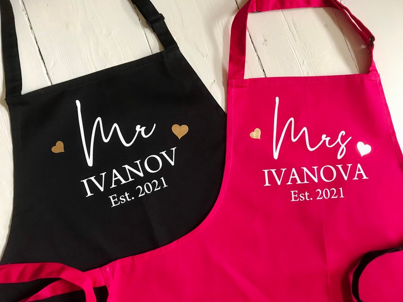 Couples Set of 2 Aprons Personalised 2nd Wedding Anniversary Gift Mr & Mrs Custom married name est year image 2