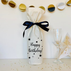 Birthday Celebration - Champagne or Wine Bottle Bag - black and natural calico - happy birthday - reusable cotton gift bag - eco friendly