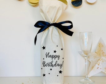 Birthday Celebration - Champagne or Wine Bottle Bag - black and natural calico - happy birthday - reusable cotton gift bag - eco friendly