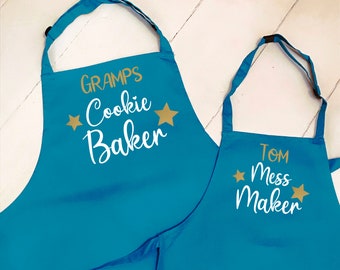 Cookie Baker/Mess Maker Apron Set for ADULT & CHILD - Personalised with name - Mum Dad Grandparent Kids Christmas Baking Apron
