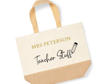 Important Teacher Stuff bag, personalised name, Large Canvas Shopper, tote Bag, natural jute canvas, large school bag, useful teacher gift,