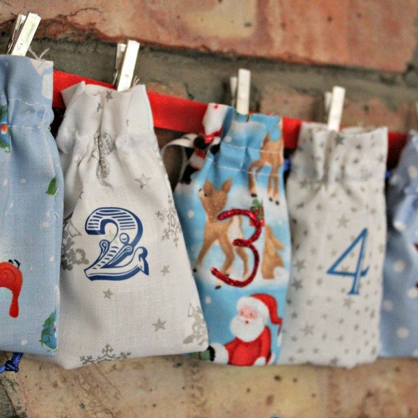 Christmas Advent Calendar - Shades of BLUE with White and Red - 24 Handmade MINI BAGS Garland