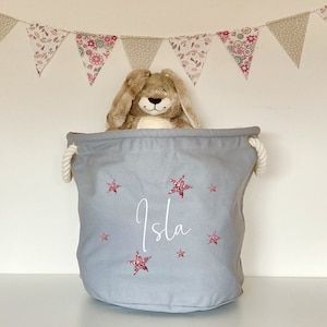 SALE Personalised toy basket, canvas trug, tidy nursery, playroom storage, heavy natural cotton bin, rope handles, name, stars, baby gift
