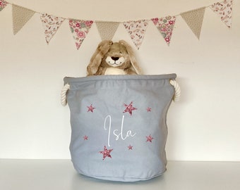 SALE Personalised toy basket, canvas trug, tidy nursery, playroom storage, heavy natural cotton bin, rope handles, name, stars, baby gift