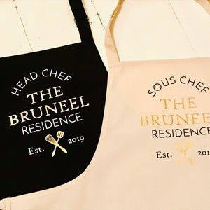 Couples Set of 2 Aprons - Head / Sous chef - Personalised 2nd Wedding Anniversary Gift - Mr & Mrs -  Custom married name est year