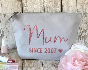 Personalised makeup bag for mum - cotton Canvas bag, zip pouch, mummy since, est date, mothers day gift, handbag organiser