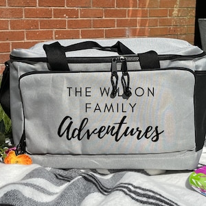 Personalisierte Picknick-Kühltasche, große, graue, isolierte Tasche für Familienabenteuer, Ausflüge, Snacks, Leckereien, Strand oder Park