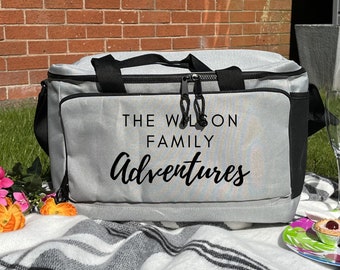 Personalised Picnic Cooler Bag, Large grey insulated bag for family adventures, days out, snacks treats, beach or park