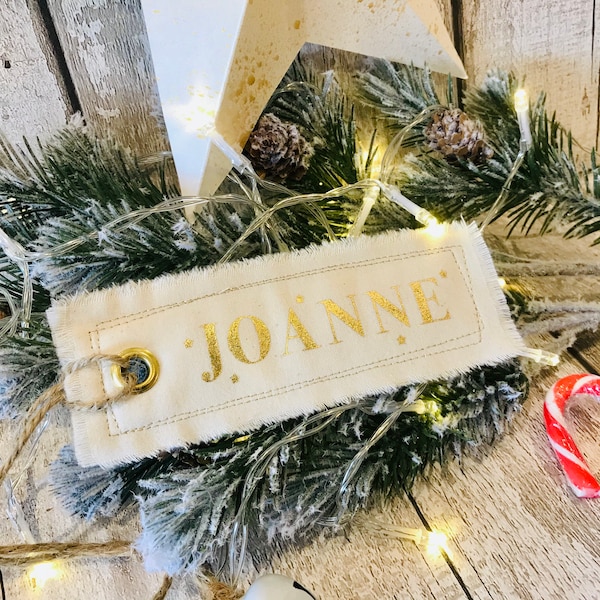 Personalised Fabric tag, Gold Foiled Name, Tag for Santa Sack, Christmas Stocking, Name Tag, Gift Tag, Rustic Scandi style
