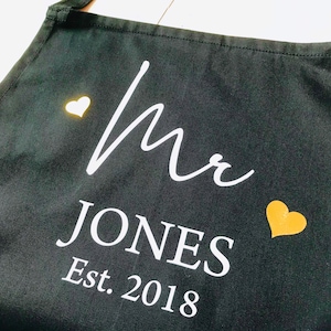 Couples Set of 2 Aprons Personalised 2nd Wedding Anniversary Gift Mr & Mrs Custom married name est year image 5