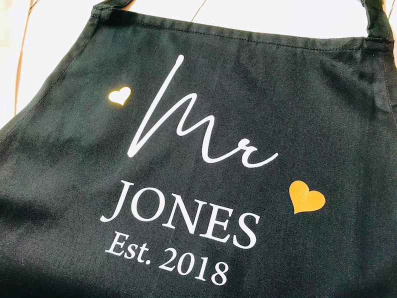 Couples Set of 2 Aprons Personalised 2nd Wedding Anniversary Gift Mr & Mrs Custom married name est year image 5