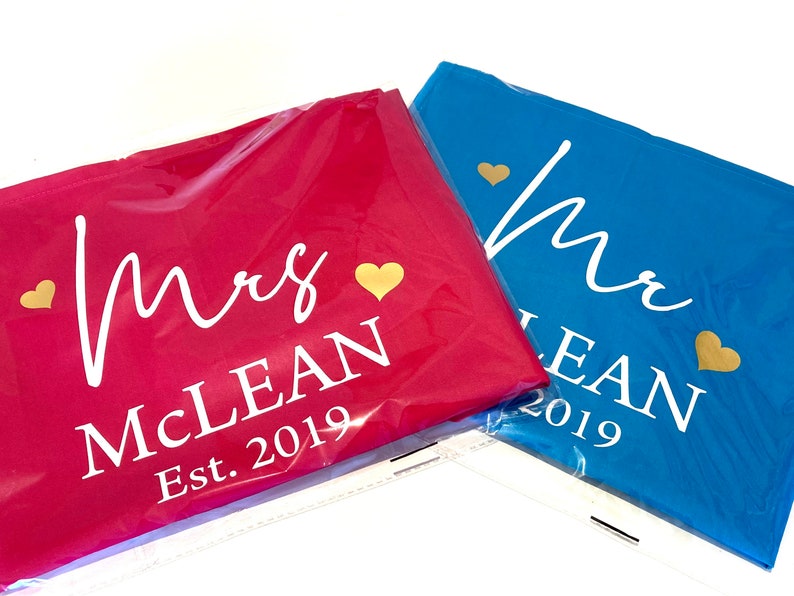 Couples Set of 2 Aprons Personalised 2nd Wedding Anniversary Gift Mr & Mrs Custom married name est year image 3