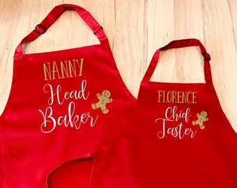 Head Baker/Chief Taster Gingerbread Apron Set for ADULT & CHILD - Personalised with name - Mum Dad Grandparent Kids Christmas Baking Apron