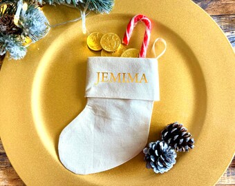 Personalised Mini Calico Stocking, Christmas Place Settings, Party Favours, Gift Tag, Tree Decoration, Natural, rustic, winter wedding