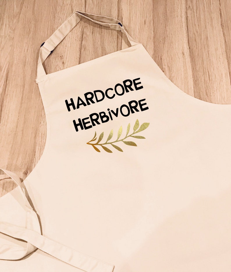 Hardcore Herbivore Funny Apron Gift uni student vegan vegetarian cooking meat free kitchen kind to animals image 1