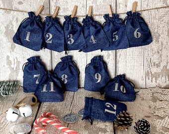 SALE - Budget Christmas Advent Calendar, Navy blue Burlap  style Pouches, 24 MINI BAGS tree decorations, silver glitter Numbers