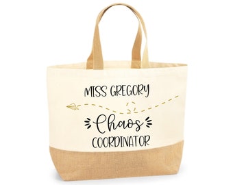 Chaos Coordinator Teacher bag, personalised name, Large Canvas tote Bag, natural jute canvas, large school bag, best teacher ever