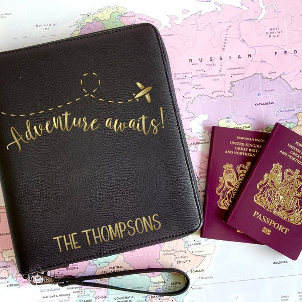 Travel document holder, adventure awaits, gift for couples, mr & mrs wedding gift, vegan faux leather, holiday organiser, travel wallet