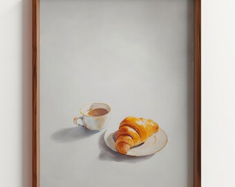Croissant and Coffee Watercolor Print, Minimalist Kitchen Art, French Cafe Wall Decor, Simple Breakfast Painting, Neutral Art, Digital