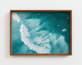 Aerial Surfer Photography Print, Turquoise Ocean Wall Art, People Surfing Poster, Coastal Beach House Decor, Jimmy Nelson Style, Digital