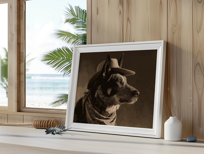 May include: A sepia-toned framed print of a dog wearing a cowboy hat and scarf. The dog is in profile, facing right, with a serious expression. The white frame is set on a white surface near a window with a beach view.