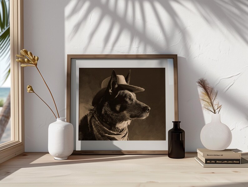 May include: Sepia-toned framed print of a dog wearing a cowboy hat and scarf. The dog is a medium-sized breed with dark fur, set against a neutral background. The print is displayed on a wooden surface with decorative vases and books.