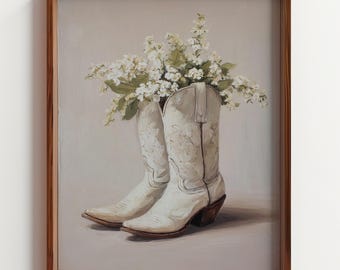 Flowers in Cowboy Boots Painting, White on White Still Life, Neutral Farmhouse Wall Art, Vintage Floral Oil Painting, Digital Download