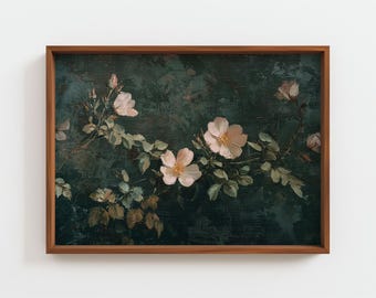 Moody Wild Roses Painting, Dark Floral Still Life, Vintage Renaissance Art, Textured Botanical Print, Neutral Muted Tones, Digital Download