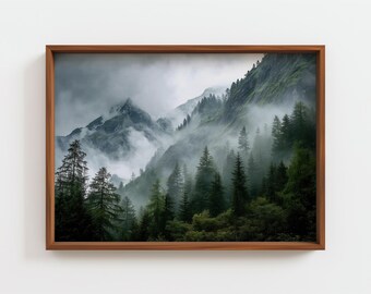 Moody Forest Mountain Print, Misty Alpine Landscape Photography, Foggy Green Tree Wall Art, Pacific Northwest Decor, Digital Download